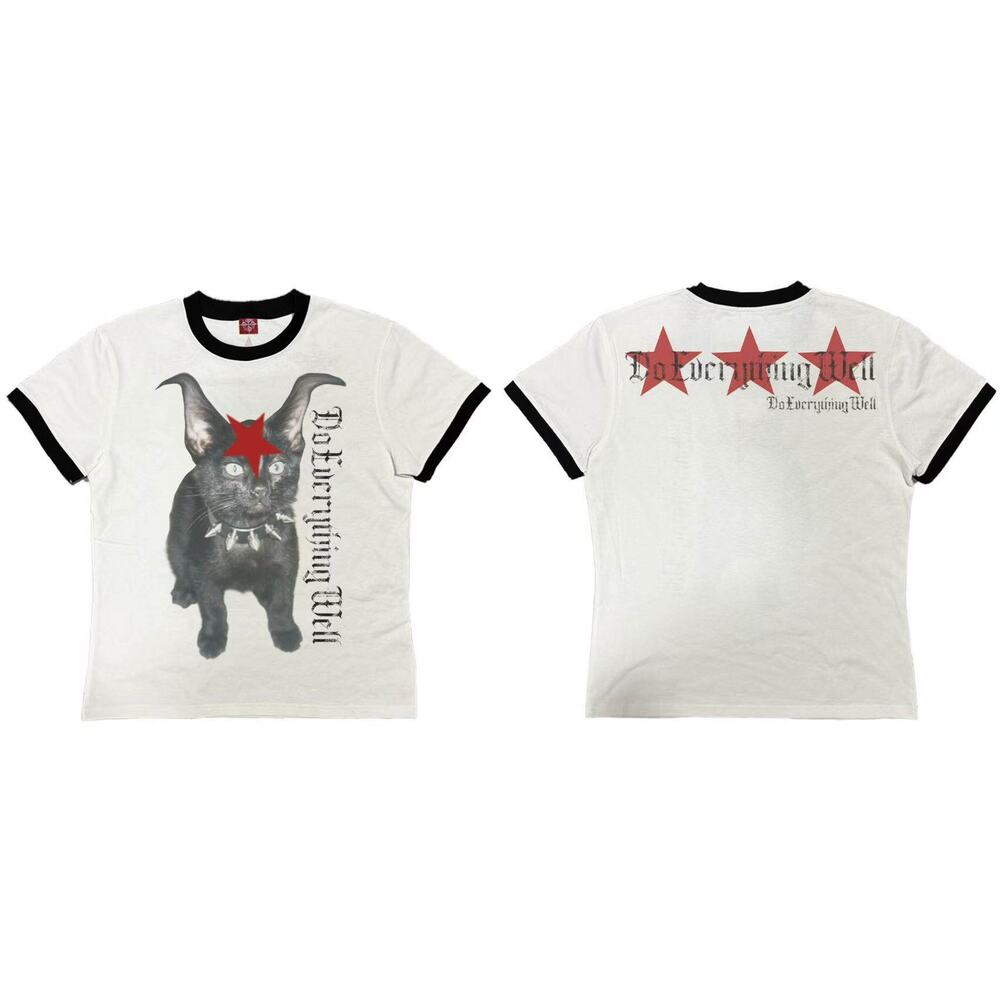 Y2k Cat Star Grunge Gothic Graphic T-Shirt White Black Red size M